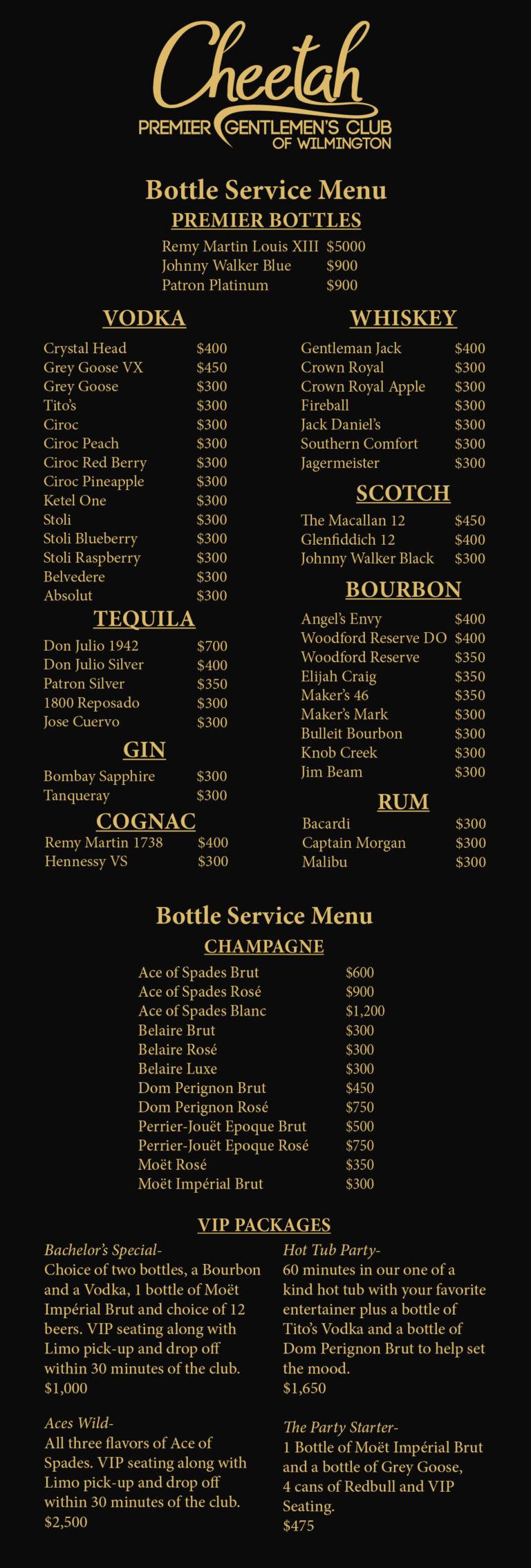 Menu - Cheetah Premier Gentlemen's Club of Wilmington
